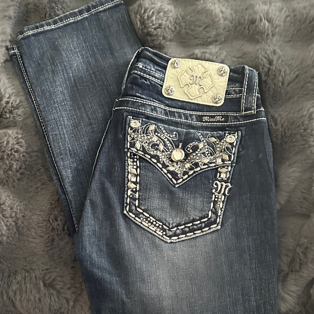 Miss Me Women's Dark Blue Boot Cut Jeans with Silver Accents